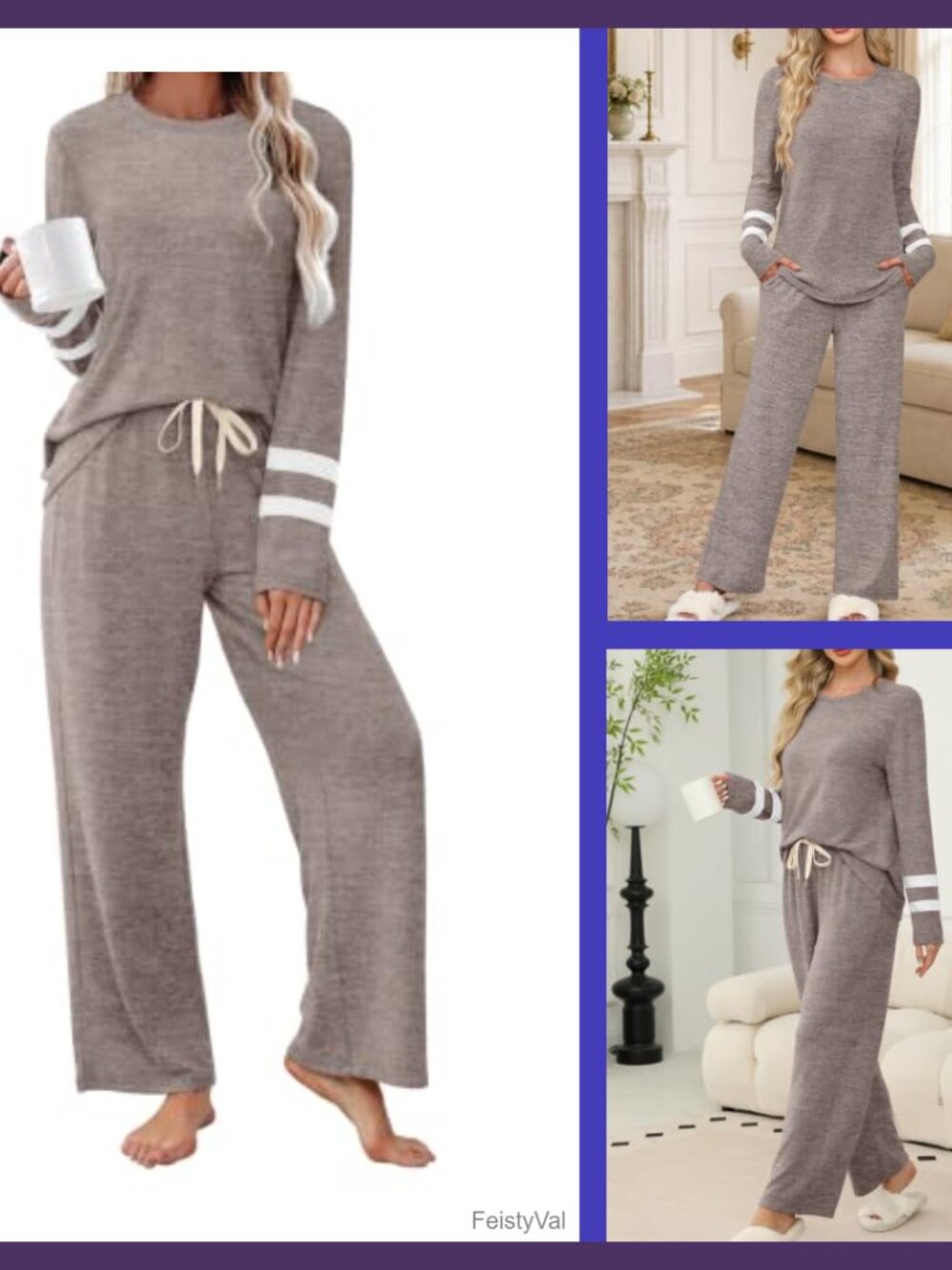Women 2 Piece Pajama Set Long Sleeve Crewneck Wide Leg Lounge Sleepwear